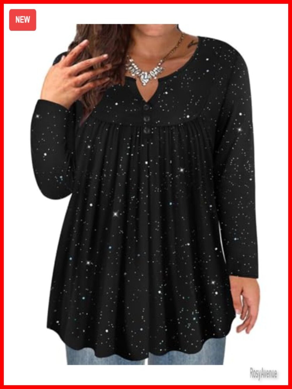 Plus Size Long Sleeve V-Neck Tunic Pleated Button Flowy Top